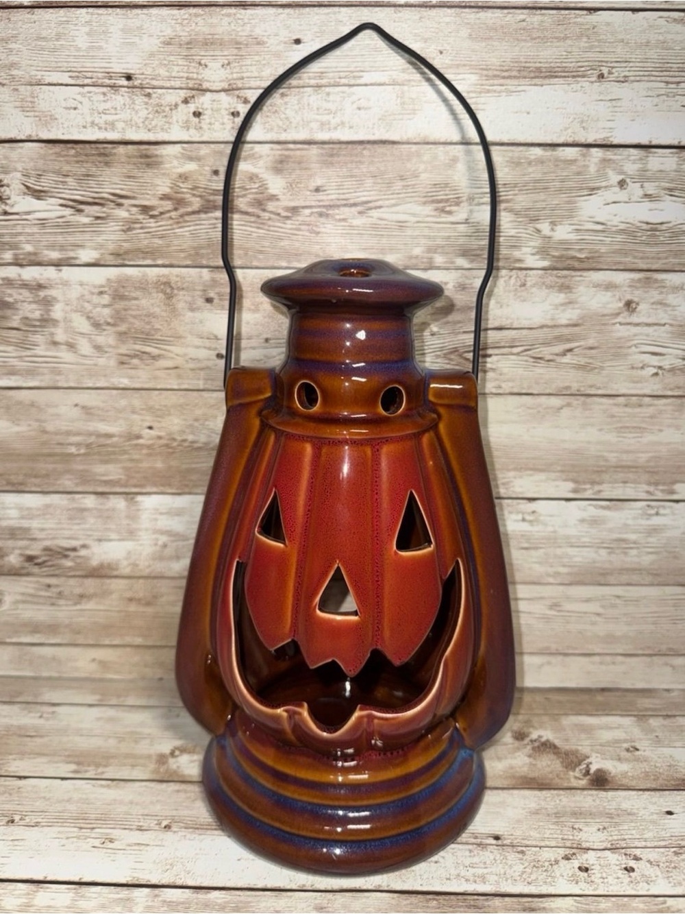 Ceramic Pumpkin Lantern - Burnt Orange Halloween Accent Decor